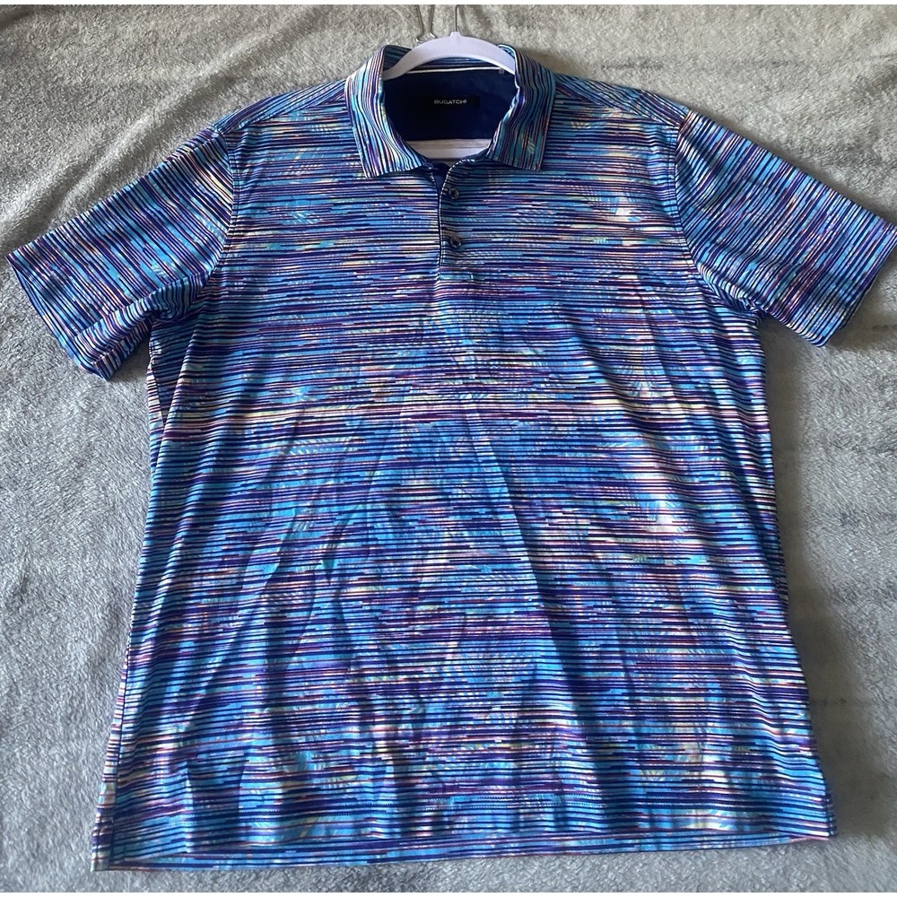 Bugatchi Mens Polo Shirt M Classic Blue Multi Stripe Mercerized Cotton RF4543F21